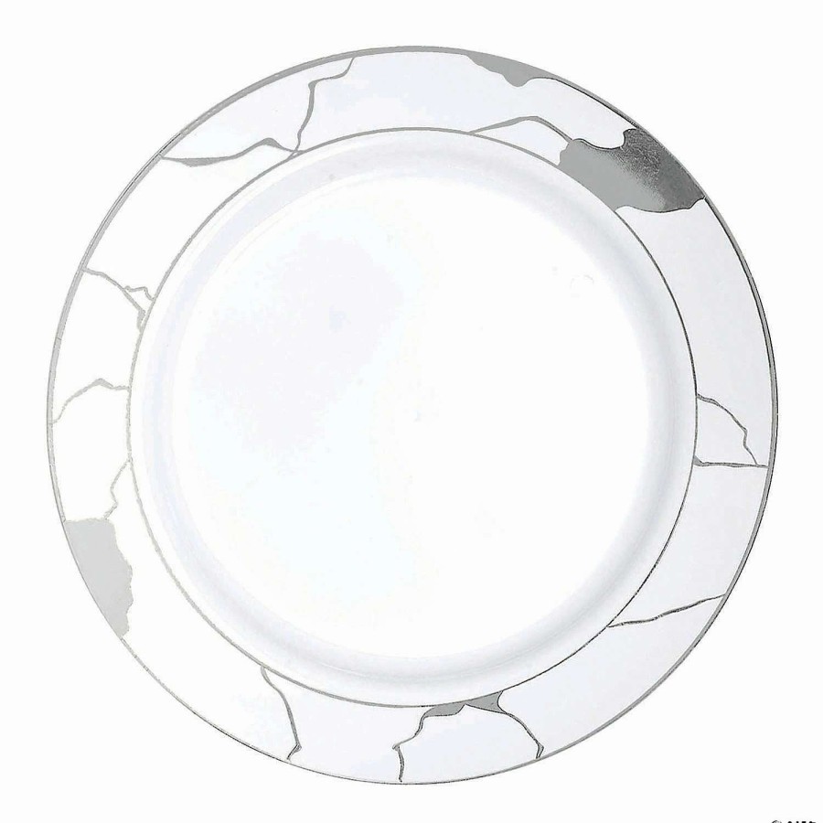 Party Plates * | Wholesale 10 White With Silver Marble Disposable Plastic Dinner Plates (50 Plates)