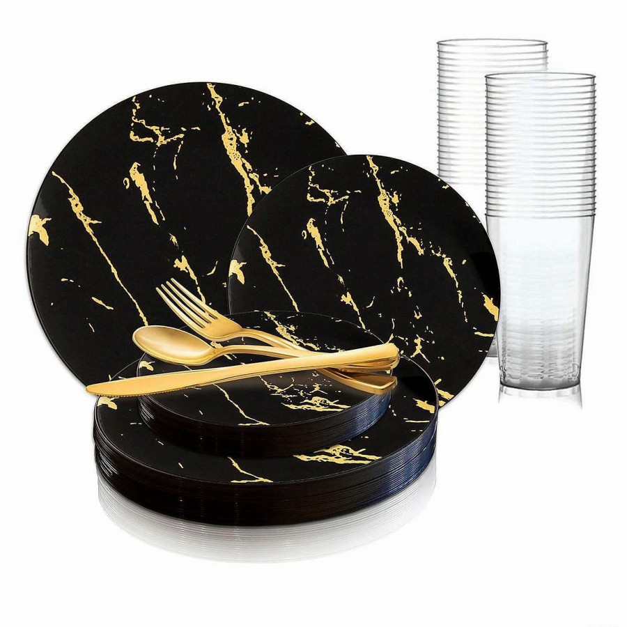 Bowls * | Best Reviews Of Black With Gold Marble Stroke Round Disposable Plastic Dinnerware Value Set (60 Settings)