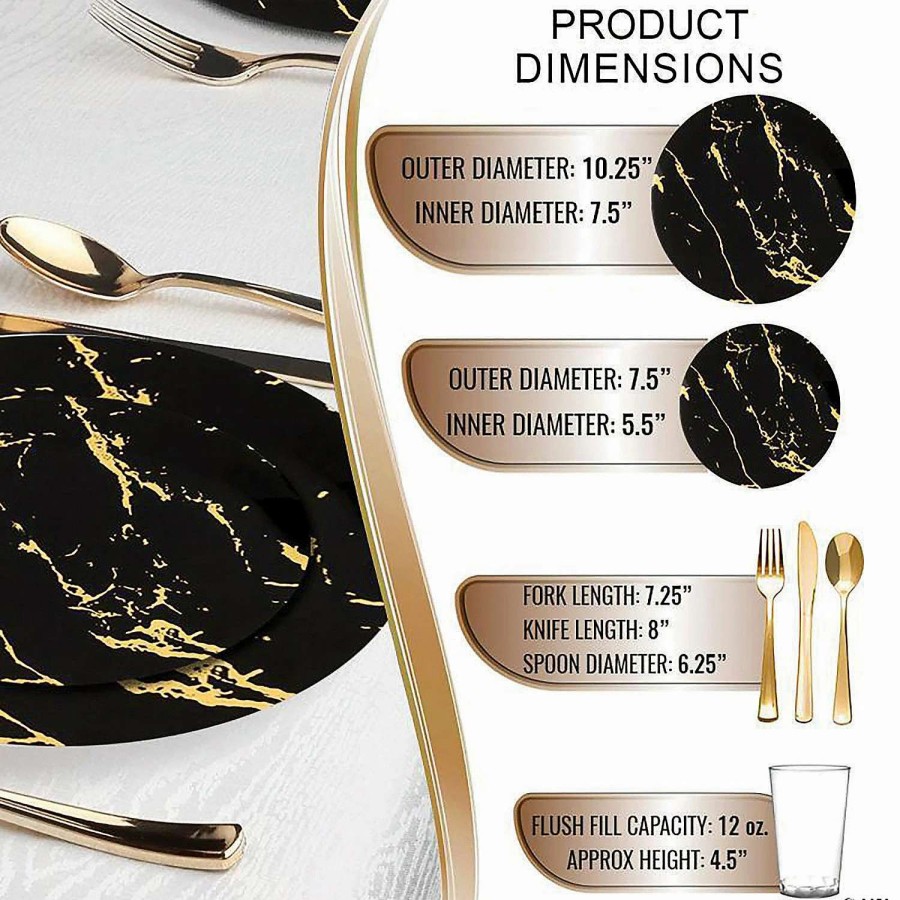 Bowls * | Best Reviews Of Black With Gold Marble Stroke Round Disposable Plastic Dinnerware Value Set (60 Settings)