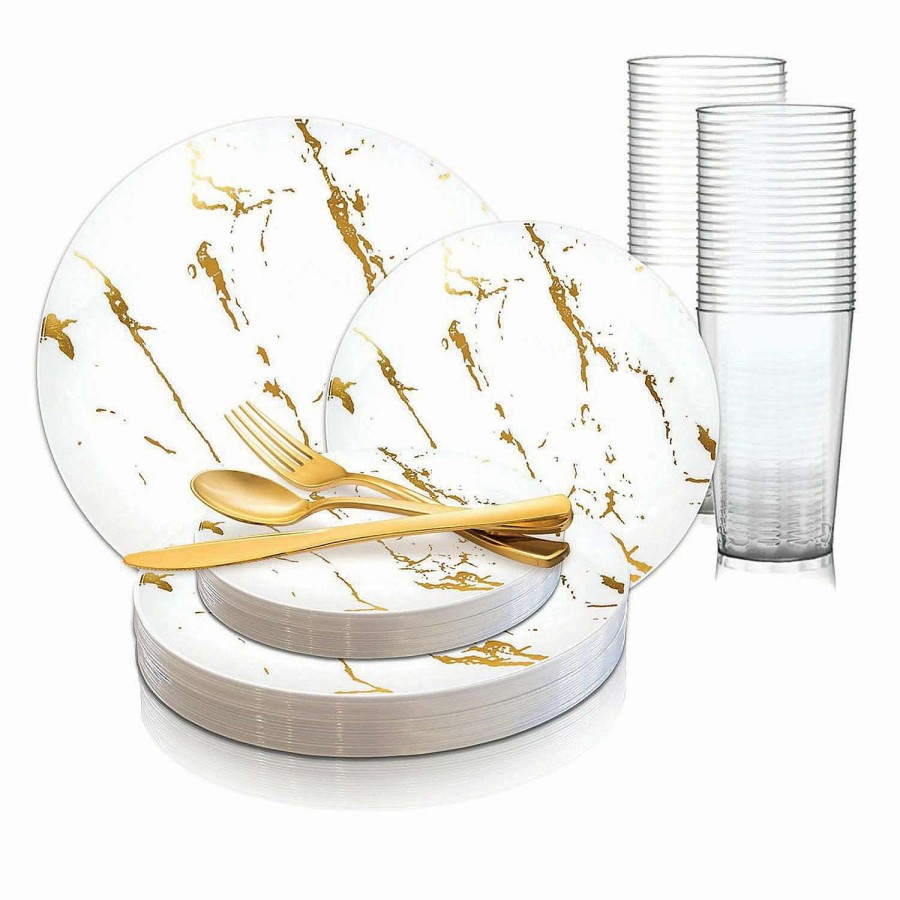 Bowls * | Discount White With Gold Marble Stroke Round Disposable Plastic Dinnerware Value Set (60 Settings)