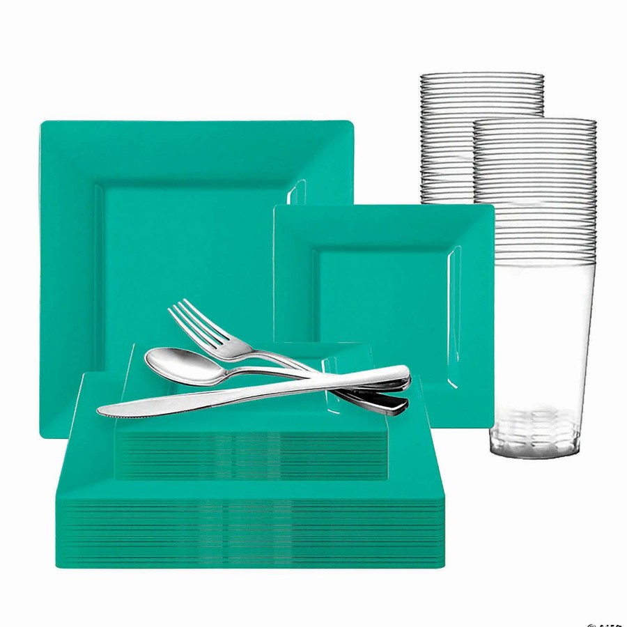 Party Plates * | Cheapest Sea Aqua Square Disposable Plastic Dinnerware Value Set (60 Settings)