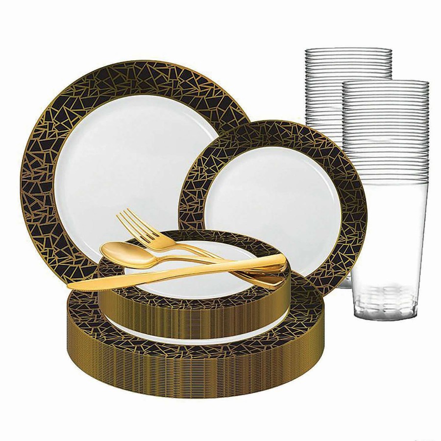 Bowls * | Best Sale White With Black And Gold Mosaic Rim Round Plastic Dinnerware Value Set (60 Settings)