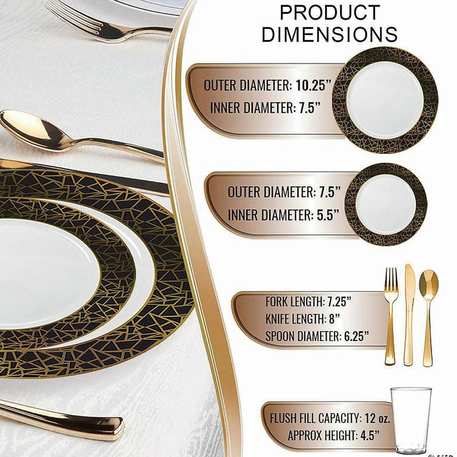 Bowls * | Best Sale White With Black And Gold Mosaic Rim Round Plastic Dinnerware Value Set (60 Settings)