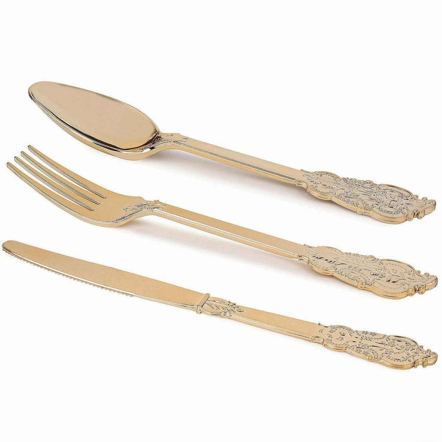 Cutlery * | Hot Sale Shiny Metallic Gold Baroque Plastic Cutlery Set Spoons, Forks And Knives (72 Guests)