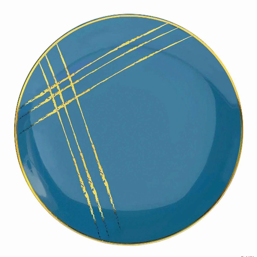 Party Plates * | Best Reviews Of 10.25 Blue With Gold Brushstroke Round Disposable Plastic Dinner Plates (40 Plates)