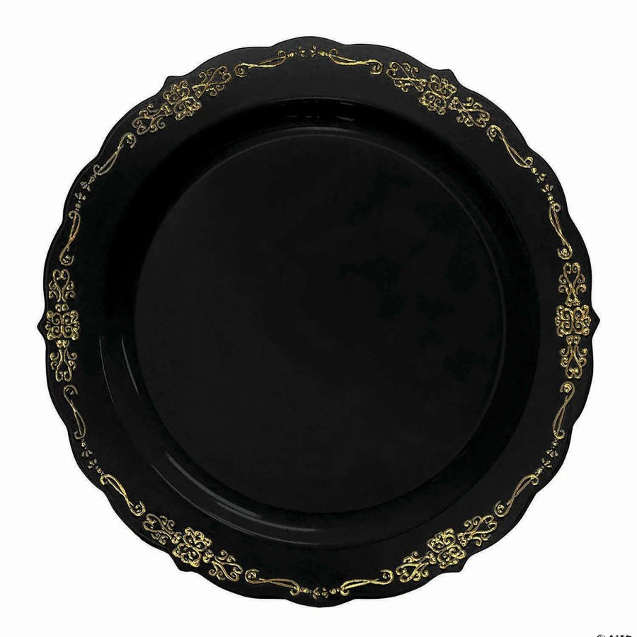 Party Plates * | Cheap Premium 7.5 Black With Gold Vintage Round Disposable Plastic Appetizer/Salad Plates (120 Plates)