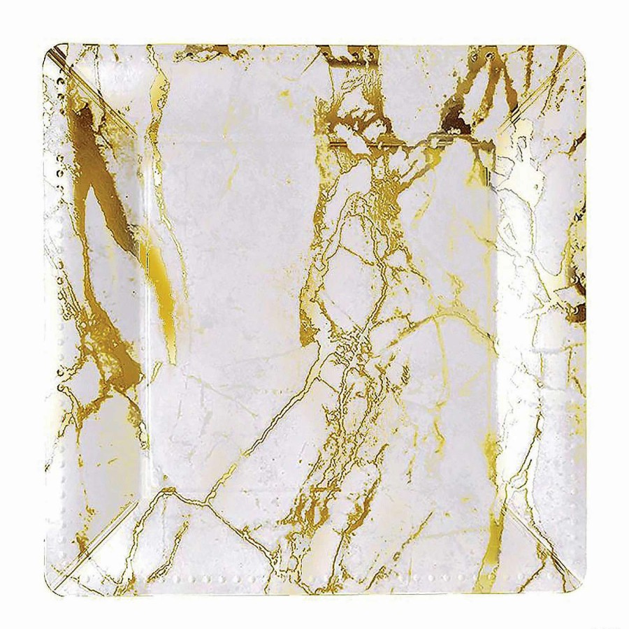 Party Plates * | Top 10 13 White With Gold Marble Square Disposable Paper Charger Plates (40 Plates)