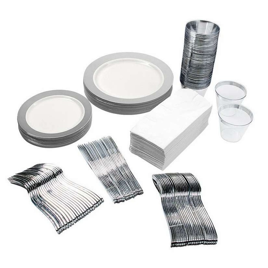 Table Covers * | Best Sale Premium Ivory Silver Tableware Kit For 24 Guests