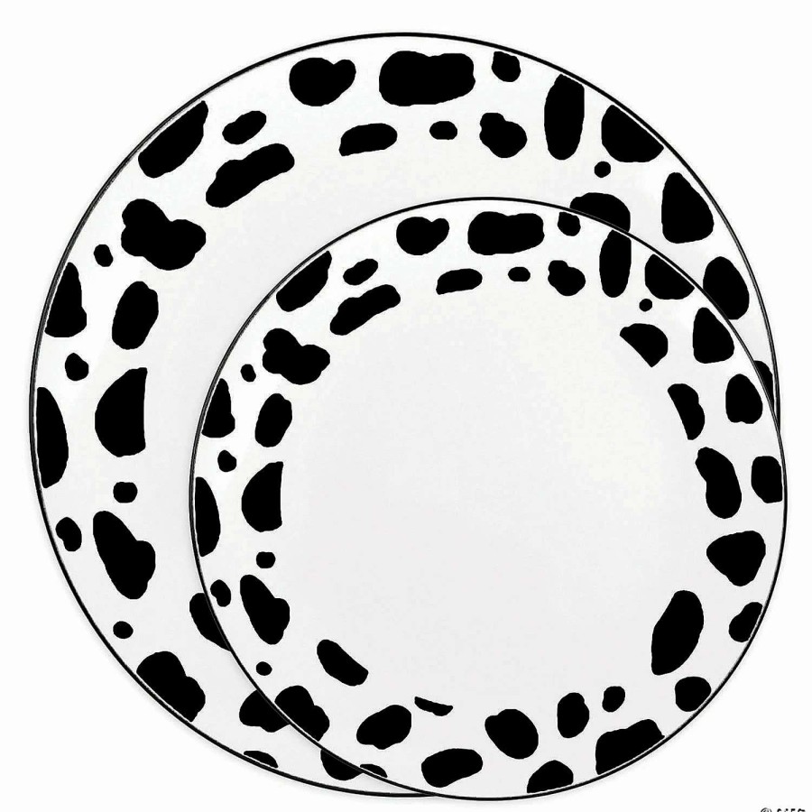 Party Plates * | Best Sale White With Black Dalmatian Spots Round Disposable Plastic Dinnerware Value Set (120 Dinner Plates + 120 Salad Plates)