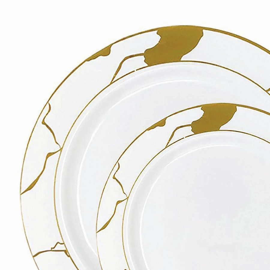 Party Plates * | Promo White With Gold Marble Disposable Plastic Dinnerware Value Set (40 Dinner Plates + 40 Salad Plates)