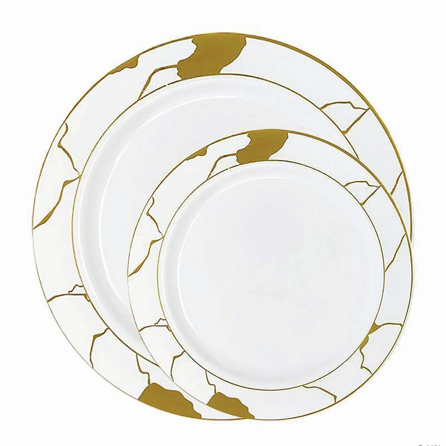 Party Plates * | Promo White With Gold Marble Disposable Plastic Dinnerware Value Set (40 Dinner Plates + 40 Salad Plates)