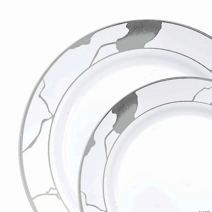 Party Plates * | Coupon White With Silver Marble Disposable Plastic Dinnerware Value Set (40 Dinner Plates + 40 Salad Plates)