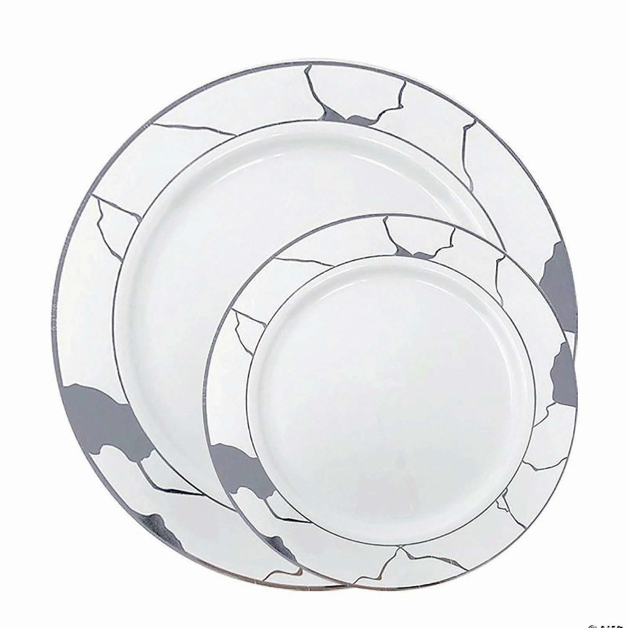 Party Plates * | Coupon White With Silver Marble Disposable Plastic Dinnerware Value Set (40 Dinner Plates + 40 Salad Plates)