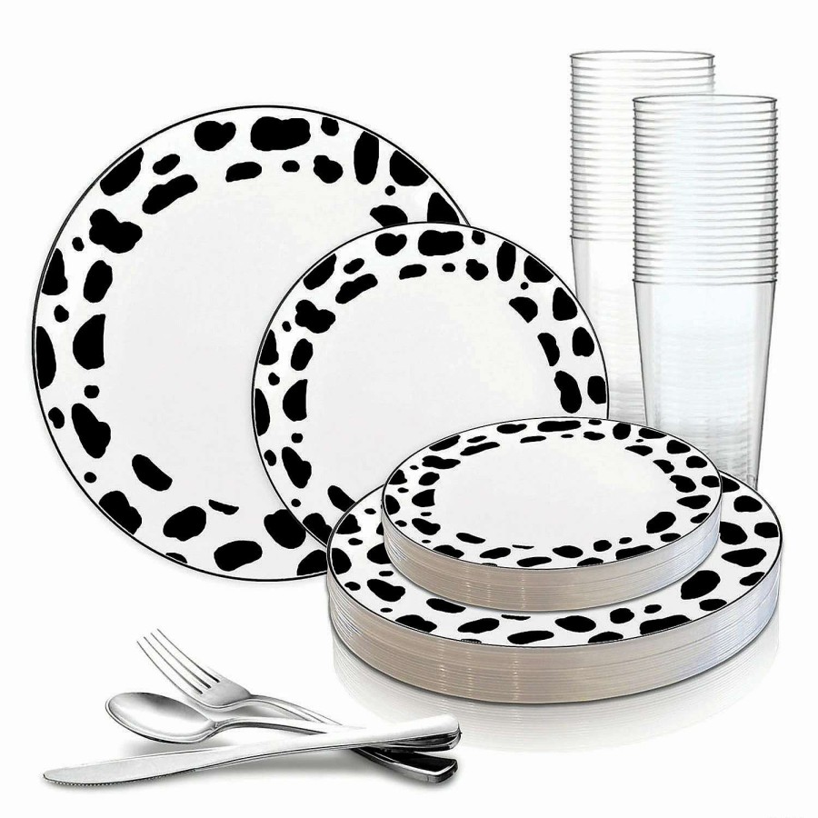 Party Plates * | Wholesale White With Black Dalmatian Spots Round Disposable Plastic Dinnerware Value Set (60 Settings)