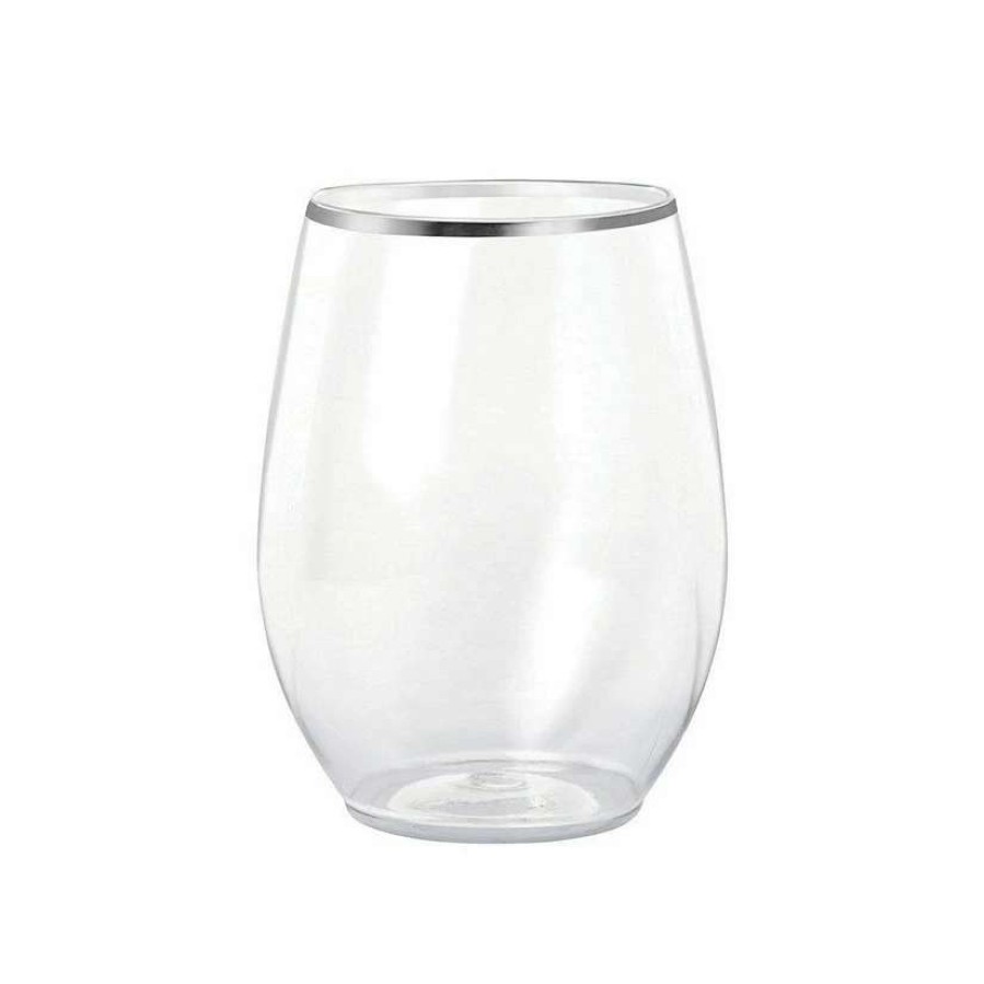 Drinkware * | Promo Kaya Collection 12 Oz. Clear With Silver Elegant Stemless Plastic Wine Glasses (64 Glasses)