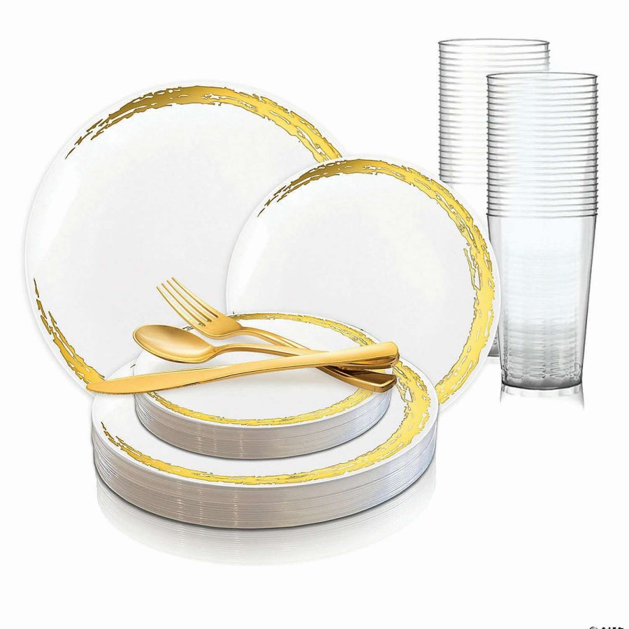 Party Plates * | Best Reviews Of White With Gold Moonlight Round Disposable Plastic Dinnerware Value Set (120 Settings)