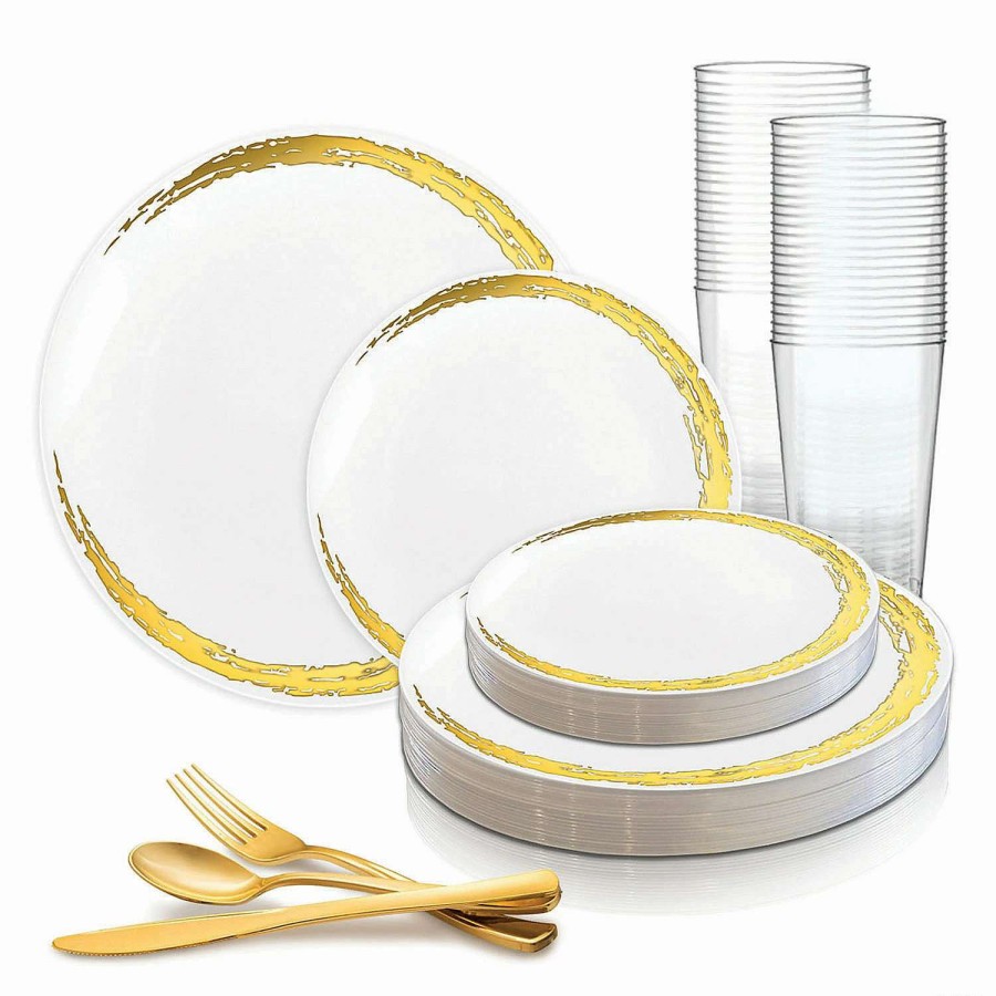 Party Plates * | Best Reviews Of White With Gold Moonlight Round Disposable Plastic Dinnerware Value Set (120 Settings)