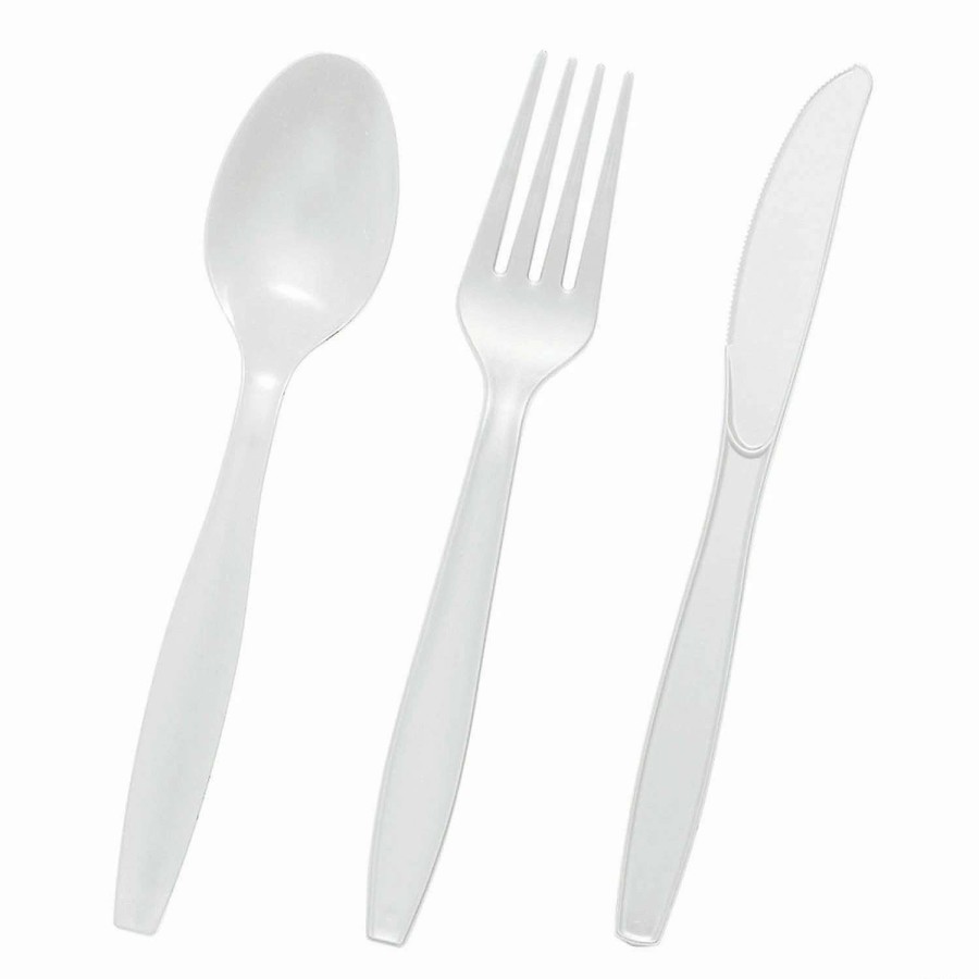 Cutlery * | Deals White Disposable Plastic Cutlery Set Spoons, Forks And Knives (200 Guests)