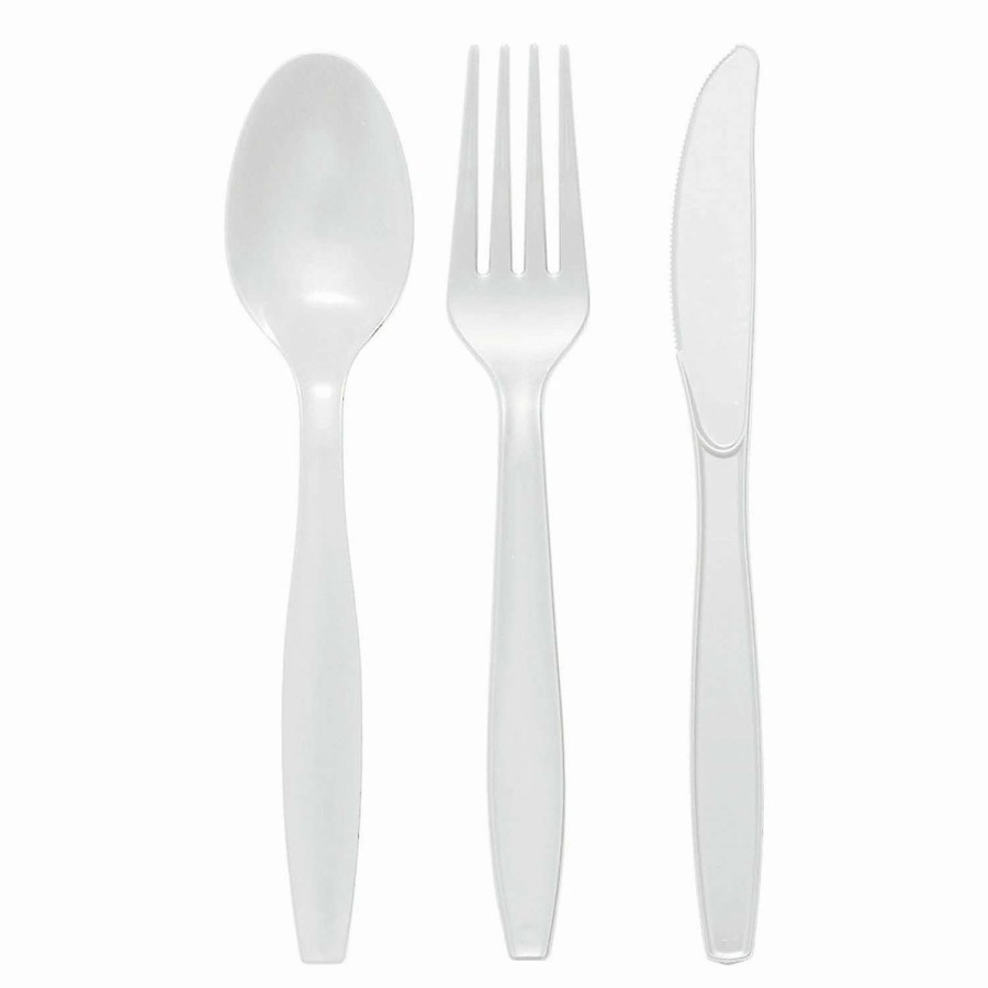 Cutlery * | Deals White Disposable Plastic Cutlery Set Spoons, Forks And Knives (200 Guests)