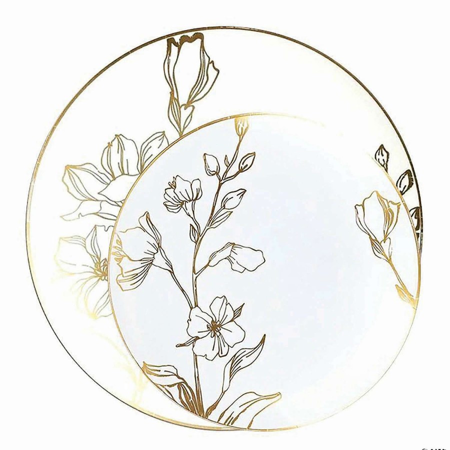 Party Plates * | Coupon White With Gold Antique Floral Round Disposable Plastic Dinnerware Value Set (40 Dinner Plates + 40 Salad Plates)