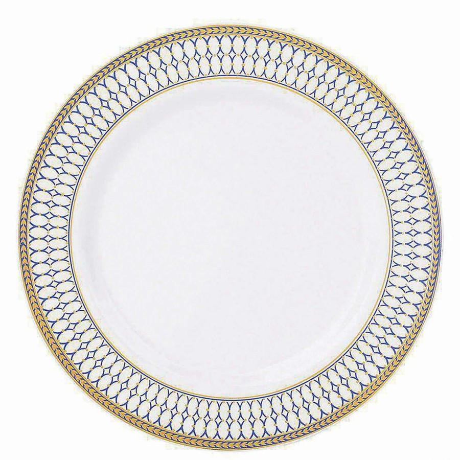 Party Plates * | Best Reviews Of Kaya Collection 10.25 White With Blue And Gold Chord Rim Plastic Dinner Plates (120 Plates)