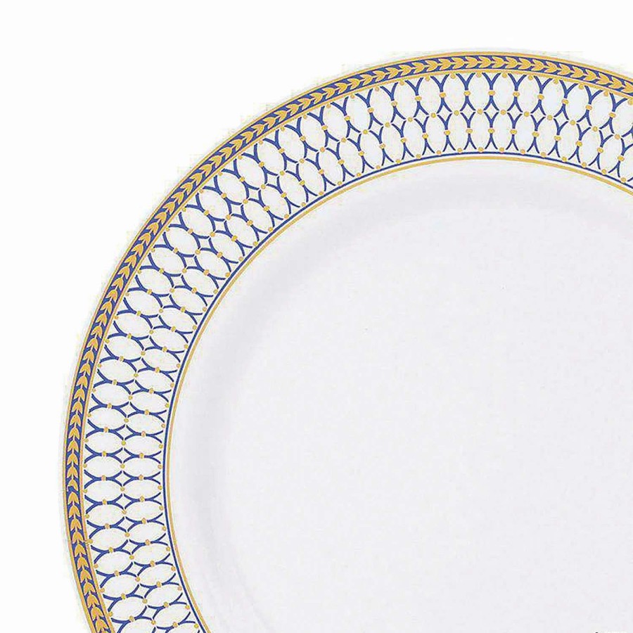 Party Plates * | Best Reviews Of Kaya Collection 10.25 White With Blue And Gold Chord Rim Plastic Dinner Plates (120 Plates)