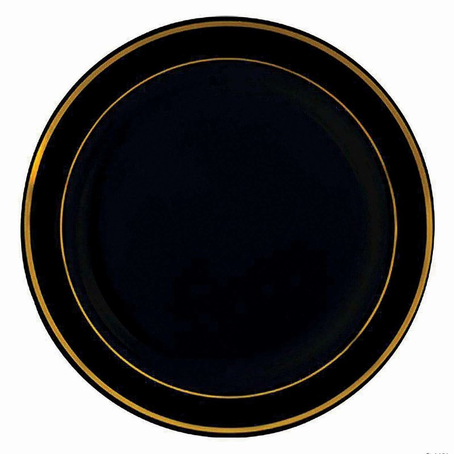 Party Plates * | Best Deal 10.25 Black With Gold Edge Rim Plastic Dinner Plates (50 Plates)