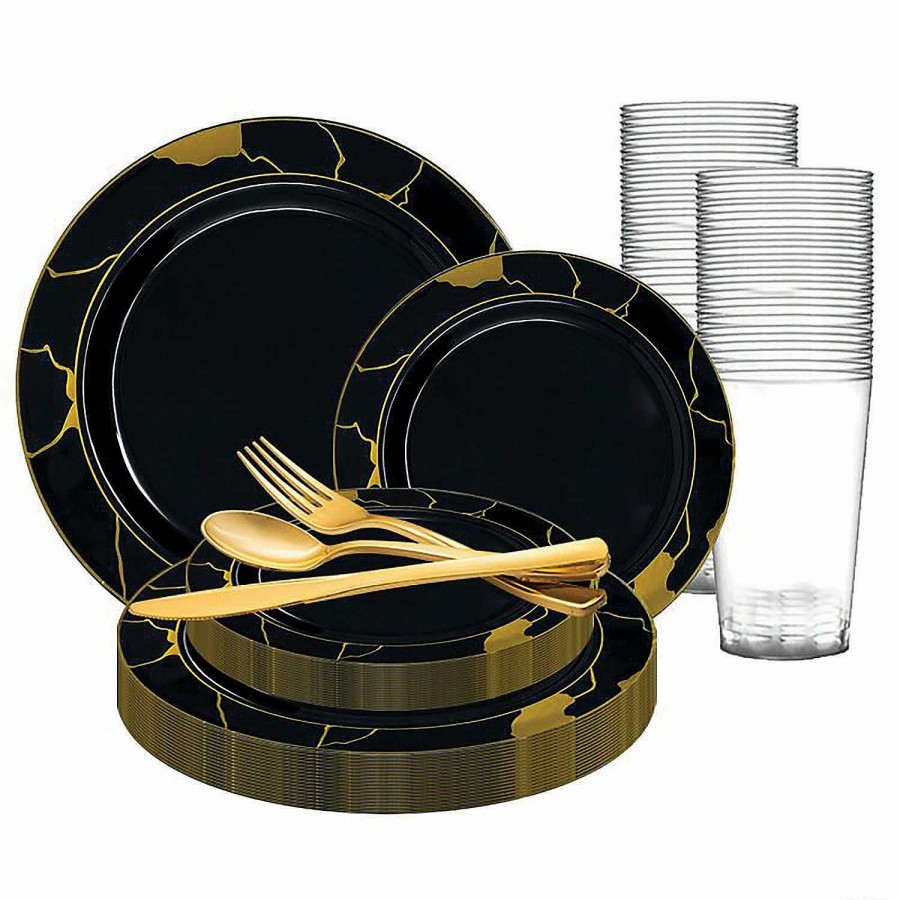 Bowls * | Coupon Black With Gold Marble Disposable Plastic Dinnerware Value Set (20 Settings)