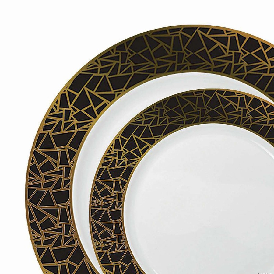 Party Plates * | Best Pirce White With Black And Gold Mosaic Rim Round Plastic Dinnerware Value Set (120 Dinner Plates + 120 Salad Plates)