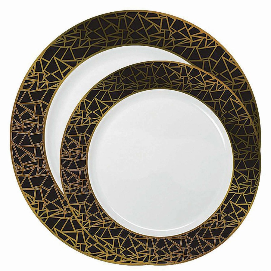 Party Plates * | Best Pirce White With Black And Gold Mosaic Rim Round Plastic Dinnerware Value Set (120 Dinner Plates + 120 Salad Plates)