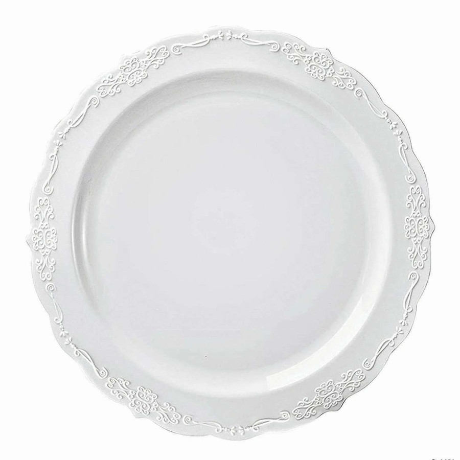 Party Plates * | Deals Premium 10 White Vintage Round Disposable Plastic Dinner Plates (120 Plates)