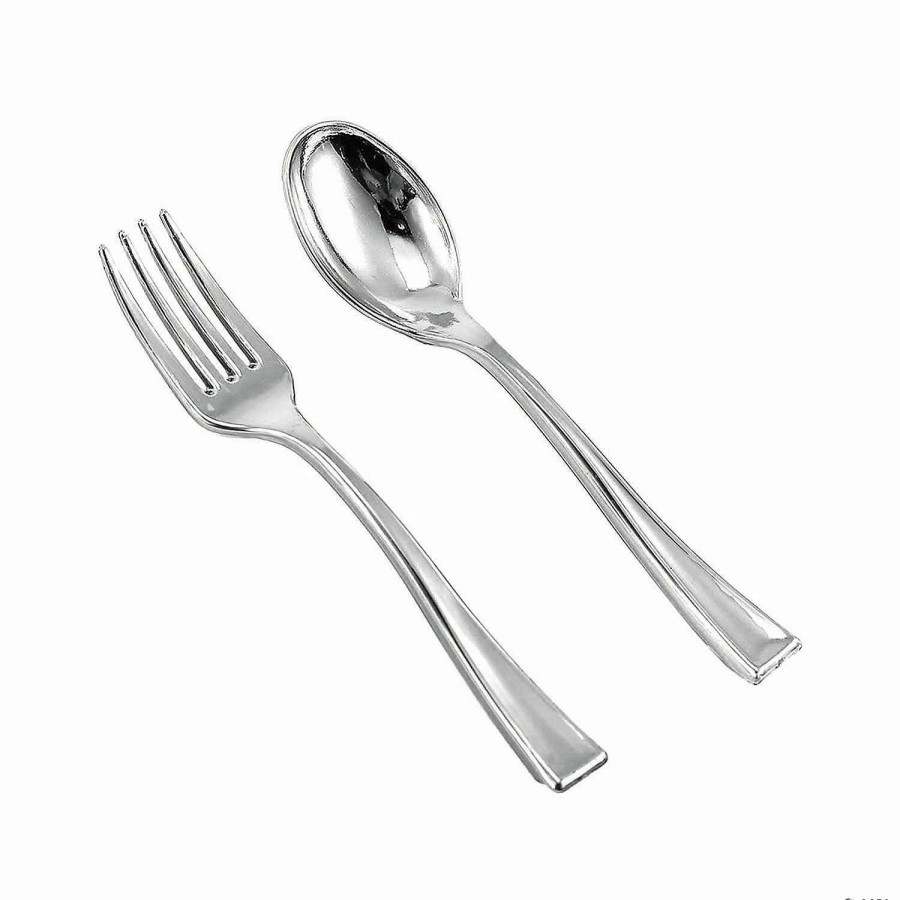 Cutlery * | Budget Silver Disposable Plastic Mini Flatware Set Dessert Spoons And Dessert Forks (240 Guests)