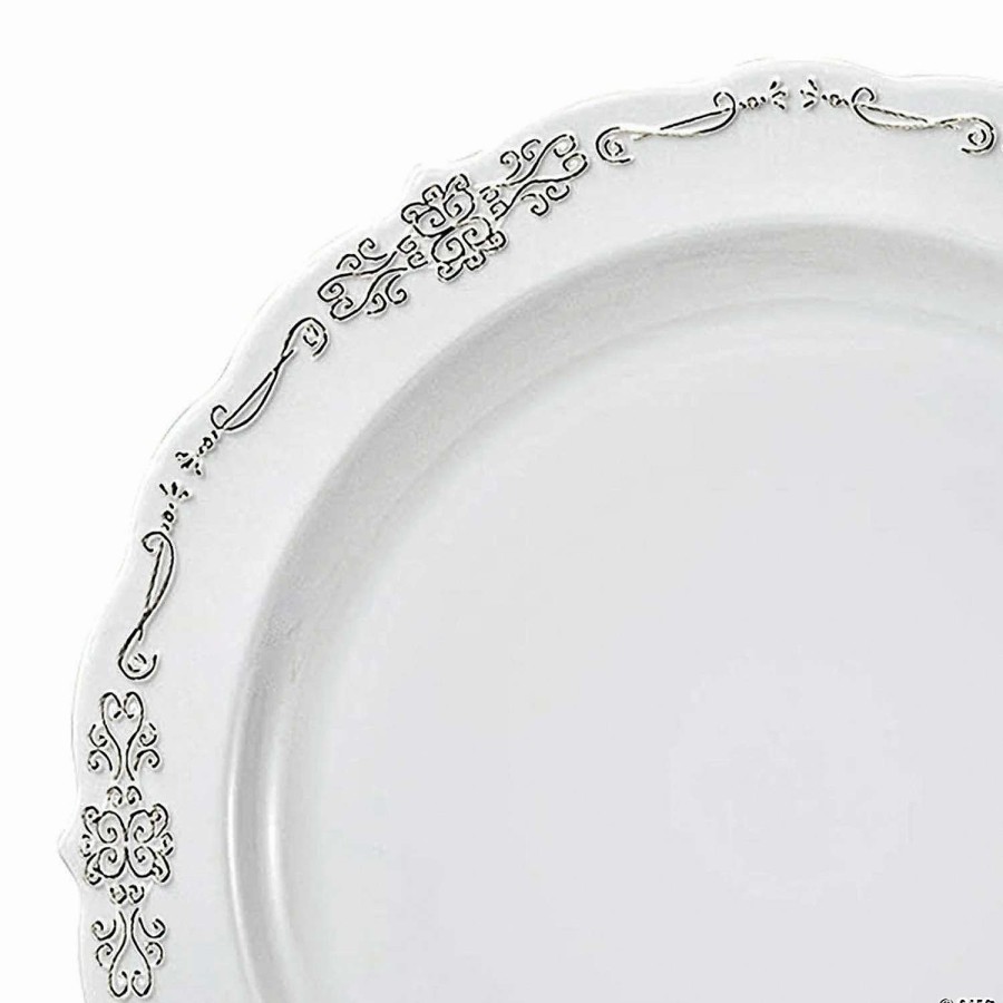 Party Plates * | Wholesale Premium 10 White With Silver Vintage Rim Round Disposable Plastic Dinner Plates (120 Plates)