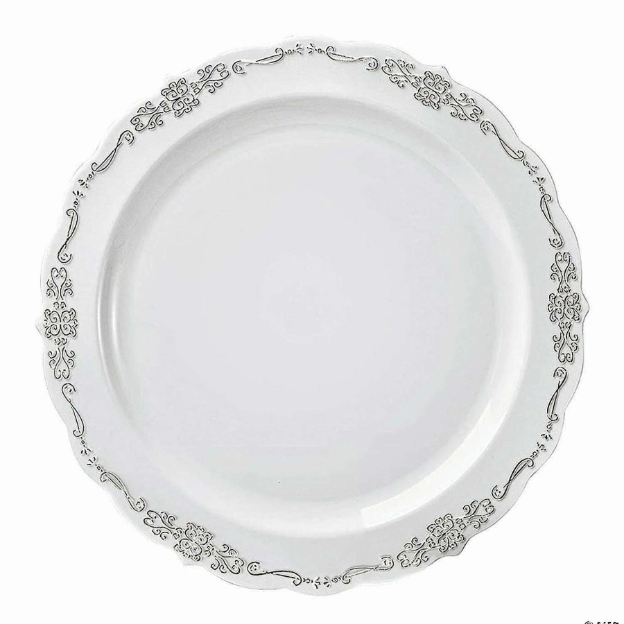 Party Plates * | Wholesale Premium 10 White With Silver Vintage Rim Round Disposable Plastic Dinner Plates (120 Plates)