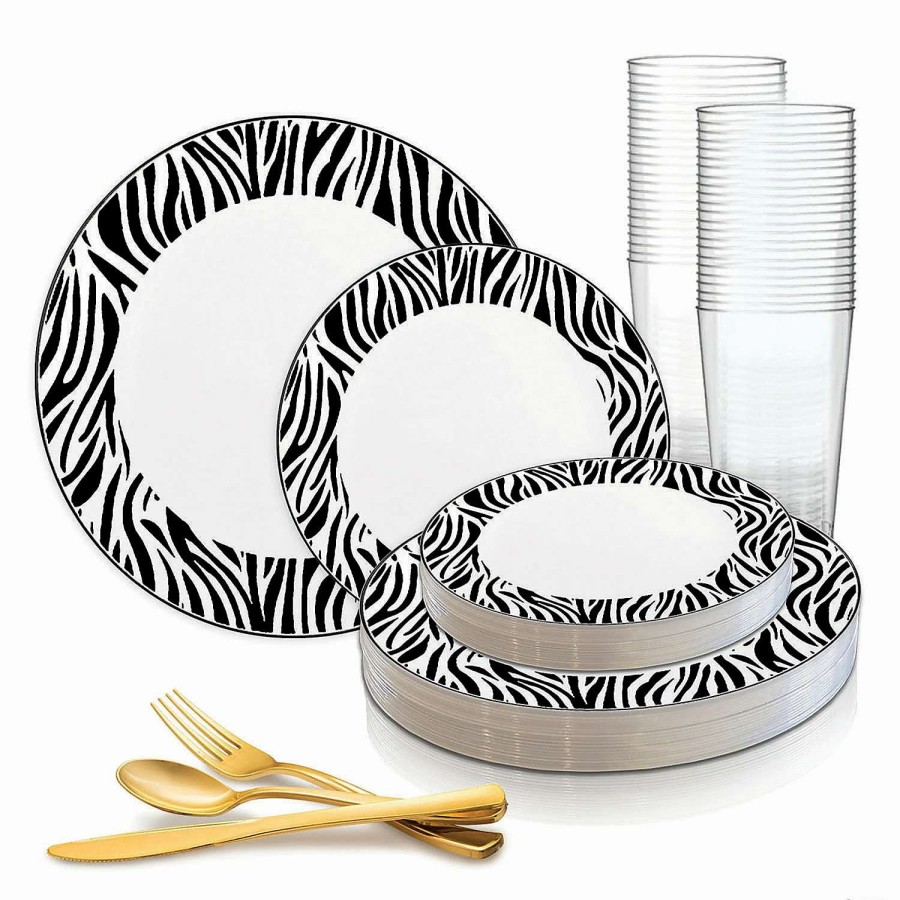 Party Plates * | Best Deal White With Black Zebra Stripes Round Disposable Plastic Dinnerware Value Set (60 Settings)