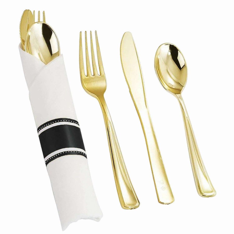 Cutlery * | Promo Gold Plastic Cutlery In White Napkin Rolls Set Napkins, Forks, Knives, Spoons And Paper Rings (30 Guests)