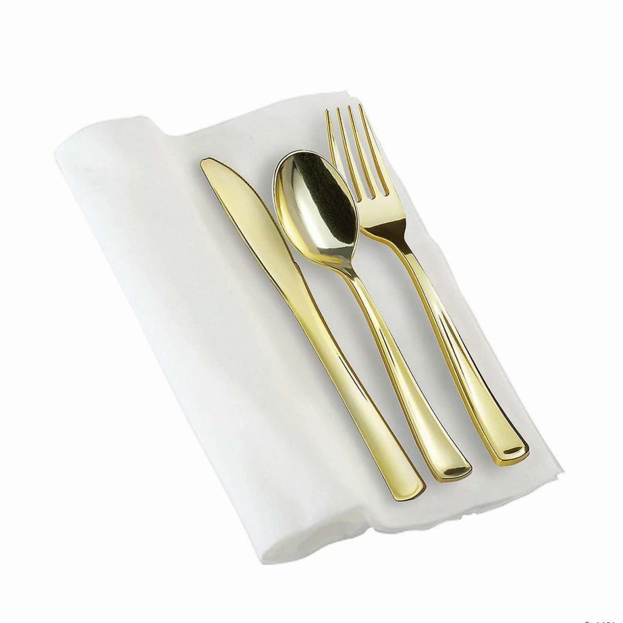 Cutlery * | Promo Gold Plastic Cutlery In White Napkin Rolls Set Napkins, Forks, Knives, Spoons And Paper Rings (30 Guests)