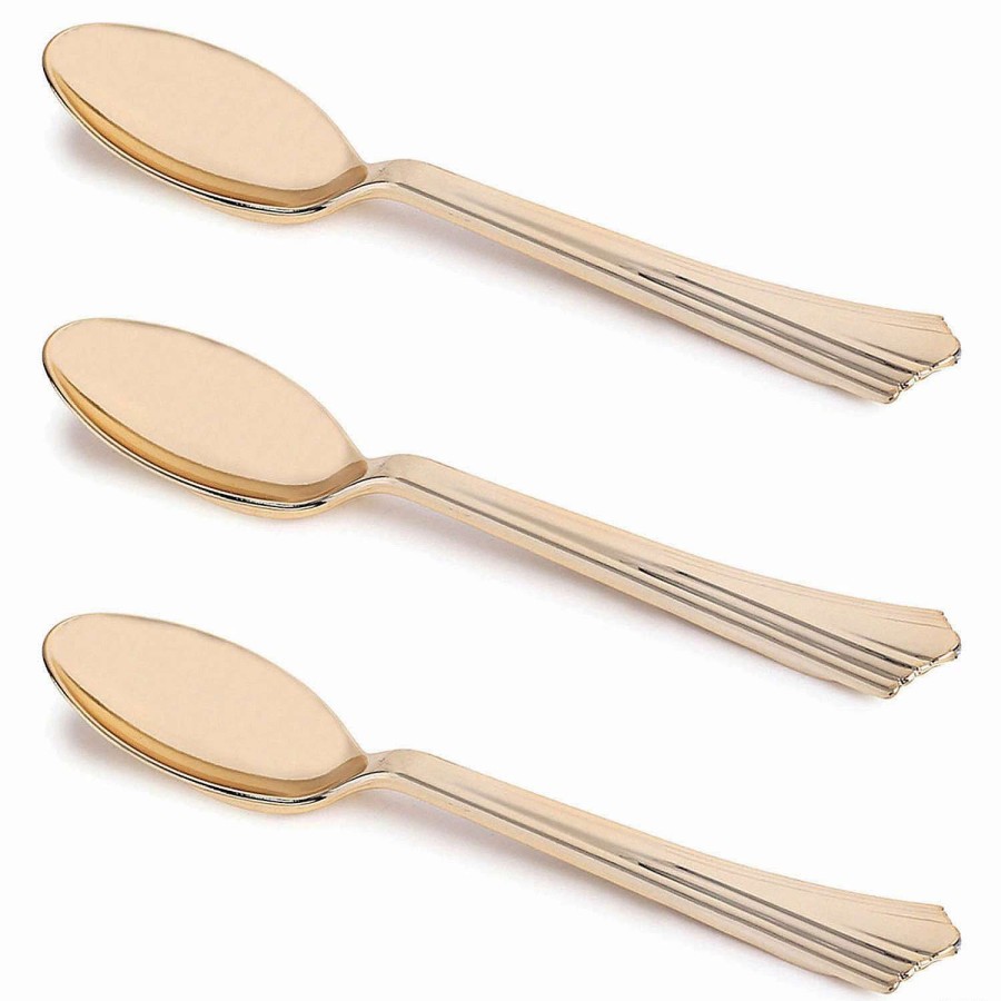 Cutlery * | Hot Sale Shiny Metallic Groove Gold Plastic Spoons (168 Spoons)