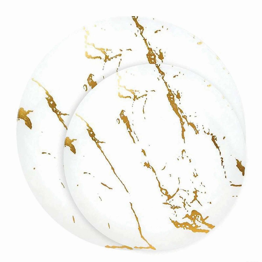 Party Plates * | Cheap White With Gold Marble Stroke Round Disposable Plastic Dinnerware Value Set (120 Dinner Plates + 120 Salad Plates)