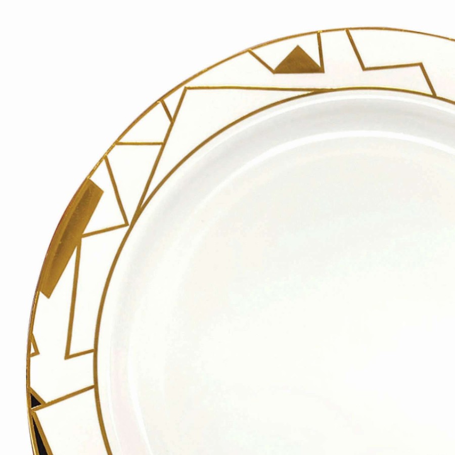 Party Plates * | Best Sale 7.5 White With Black And Gold Abstract Squares Pattern Round Disposable Plastic Appetizer/Salad Plates (120 Plates)