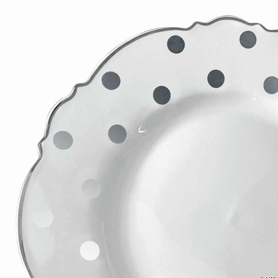 Party Plates * | Hot Sale 10.25 White With Silver Dots Round Blossom Disposable Plastic Dinner Plates (50 Plates)