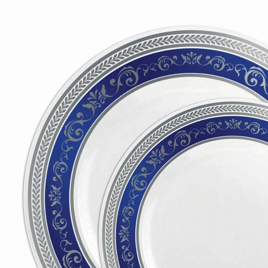 Party Plates * | Top 10 White With Blue And Silver Royal Rim Plastic Dinnerware Value Set (40 Dinner Plates + 40 Salad Plates)