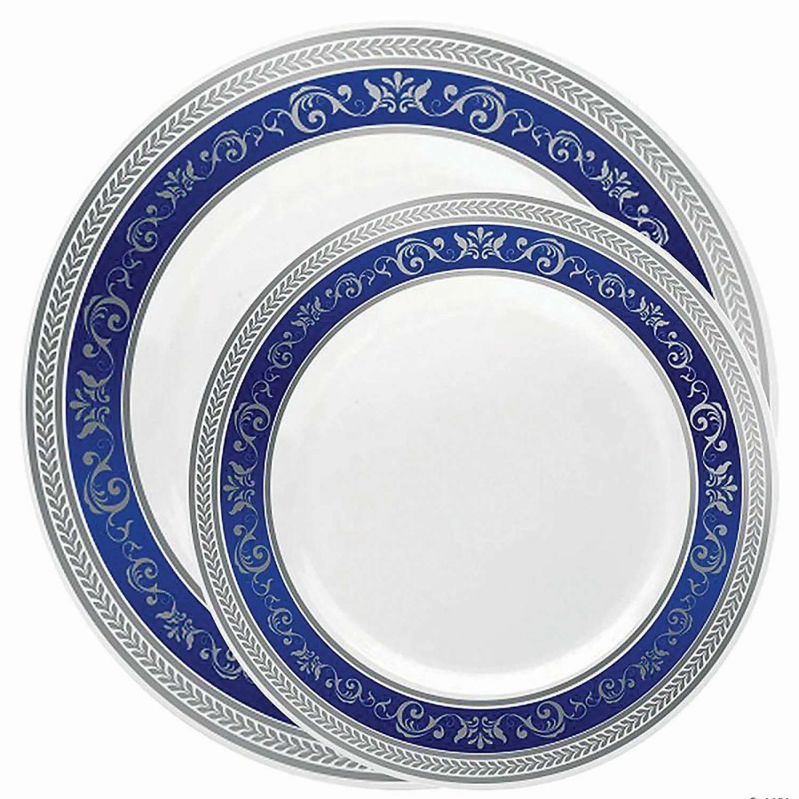 Party Plates * | Top 10 White With Blue And Silver Royal Rim Plastic Dinnerware Value Set (40 Dinner Plates + 40 Salad Plates)