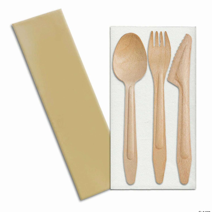 Cutlery * | Flash Sale Natural Birch Wood Eco-Friendly Disposable Cutlery Set With Napkin Spoons, Forks, Knives, And Napkins (75 Guests)