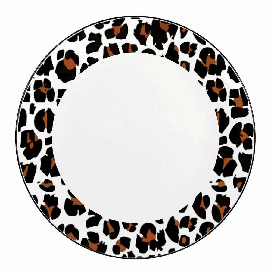 Party Plates * | Outlet Kaya Collection 10.25 White With Black And Brown Leopard Print Rim Round Disposable Plastic Dinner Plates (120 Plates)