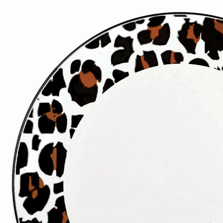 Party Plates * | Outlet Kaya Collection 10.25 White With Black And Brown Leopard Print Rim Round Disposable Plastic Dinner Plates (120 Plates)