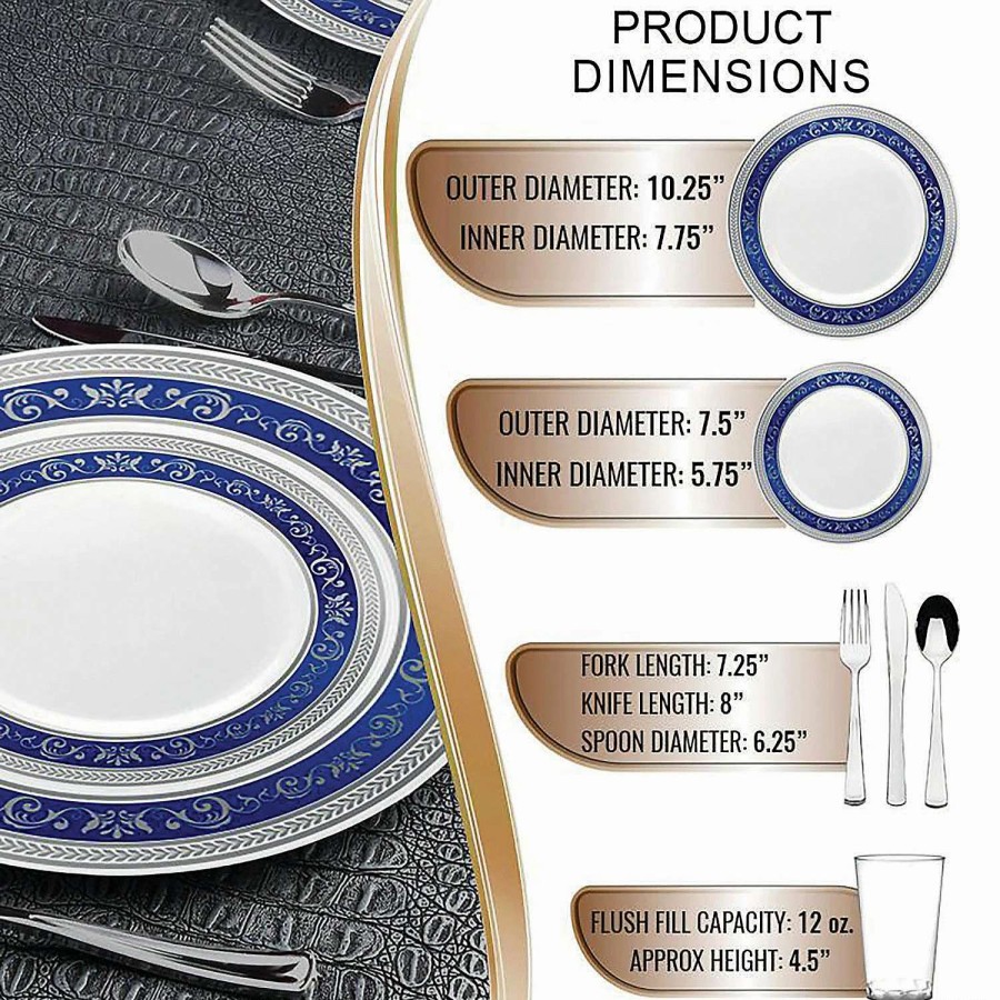 Bowls * | New White With Blue And Silver Royal Rim Plastic Dinnerware Value Set (60 Settings)