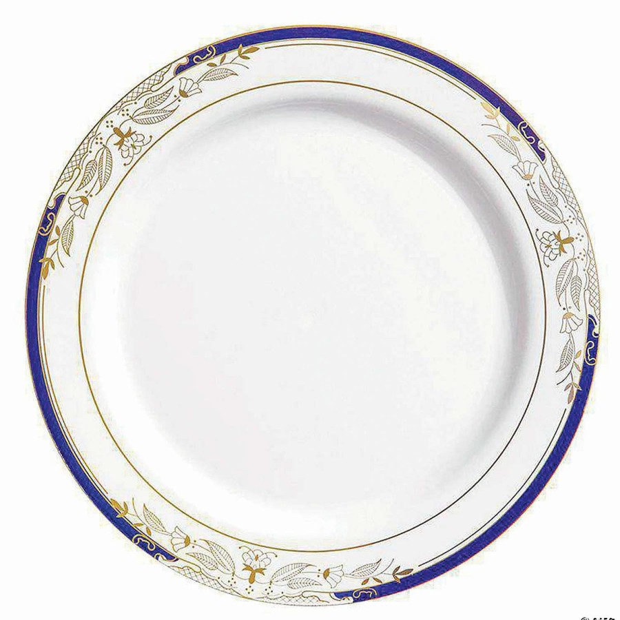 Party Plates * | Coupon Kaya Collection 7.5 White With Blue And Gold Harmony Rim Plastic Appetizer/Salad Plates (120 Plates)