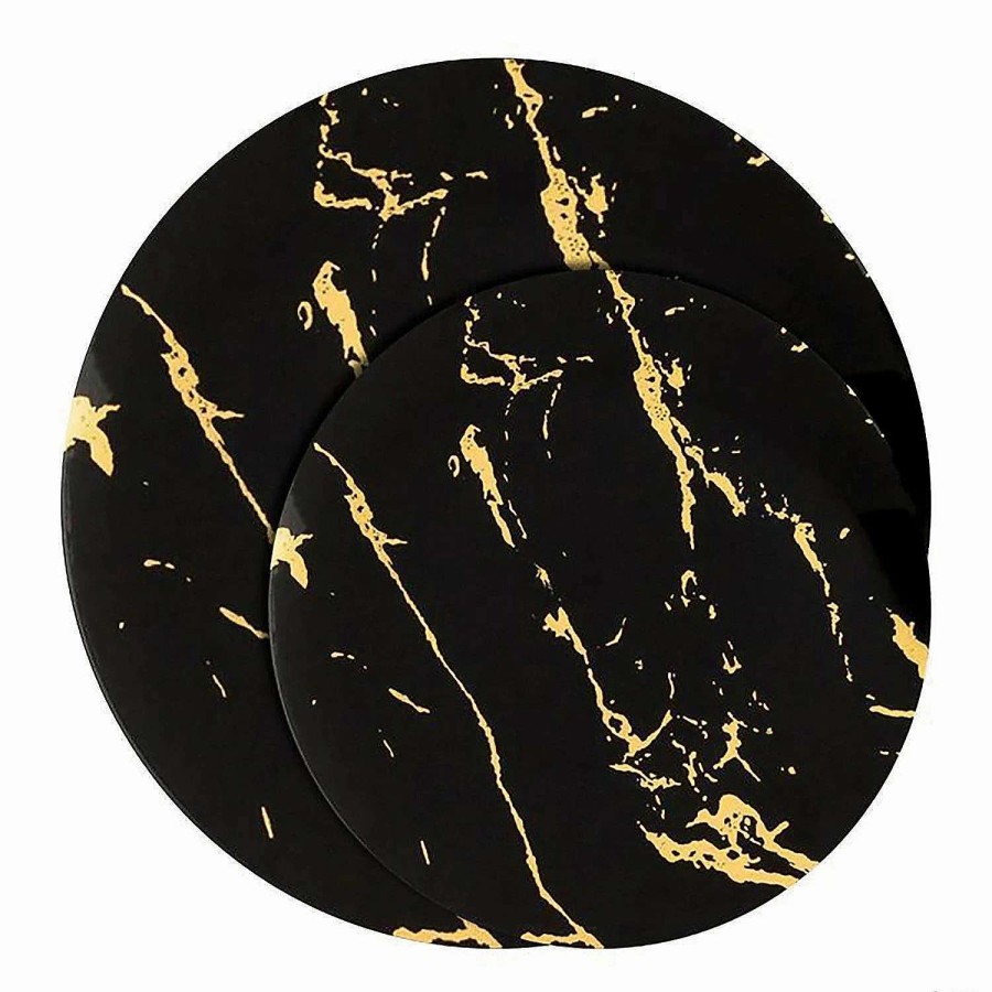 Party Plates * | Promo Black With Gold Marble Stroke Round Disposable Plastic Dinnerware Value Set (40 Dinner Plates + 40 Salad Plates)