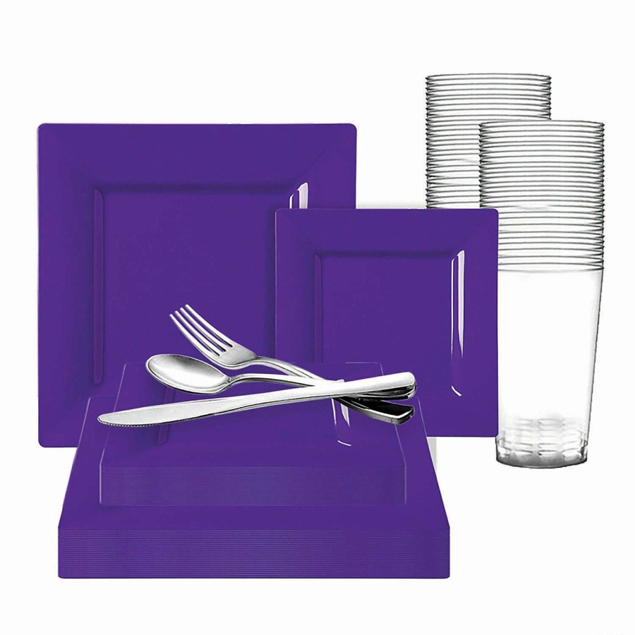 Party Plates * | Outlet Grape Purple Square Disposable Plastic Dinnerware Value Set (120 Settings)